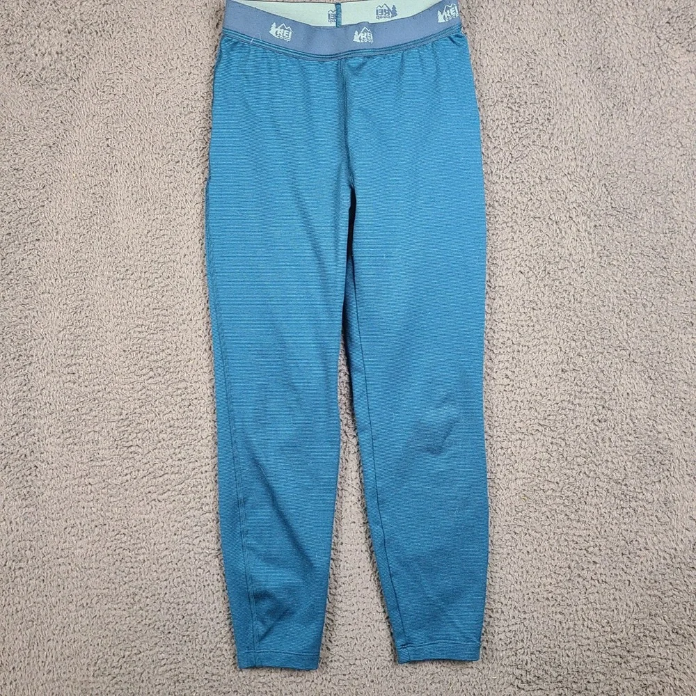 REI Co-op Kids Small 8 Base Layer Tights Teal Blue Stripe Thermal Leggings